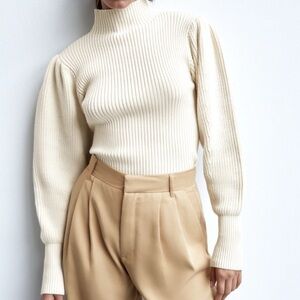 ZARA Cream Mock Neck Sweater with Ribbed Texture